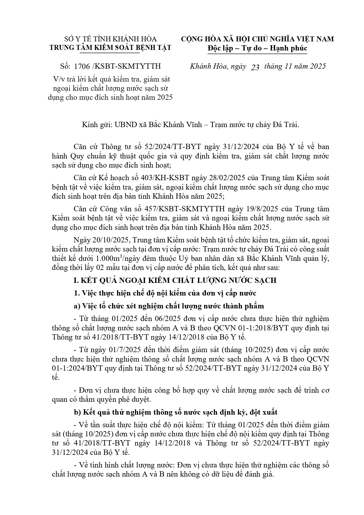 V/v trả lời kết quả kiểm tra, giám sát ngoại kiểm chất lượng nước sạch sử dụng cho mục đích sinh hoạt năm 2025